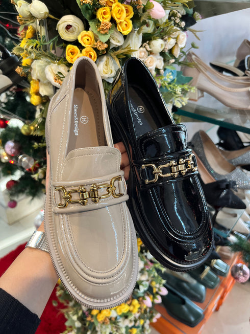 Pu Leather Golden Belt Platform Loafers